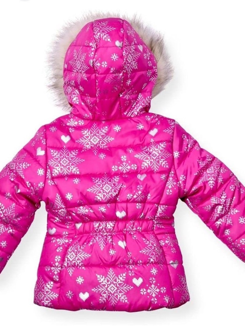 Arctic Quest Pink Snowflake-Print Puffer Jacket with Faux Fur Hood